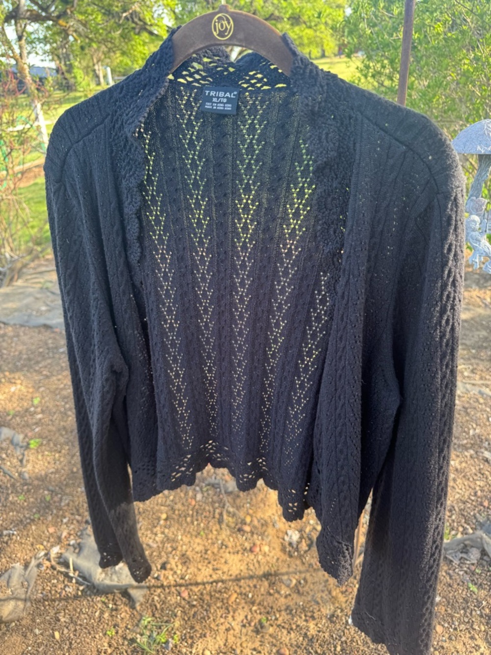 Tribal Black Open-Front Lace-Knit Women's Cardigan